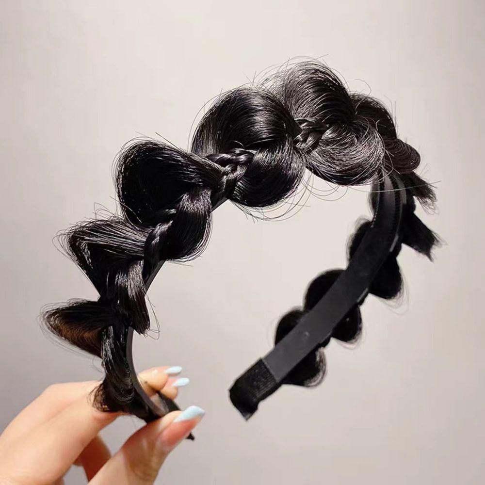 NEEDWAY Wig Bando Lucu Manis Memutar Dikepang Tulang Ikan Kepang Non-slip Cuci Muka Ikat Rambut Perempuan