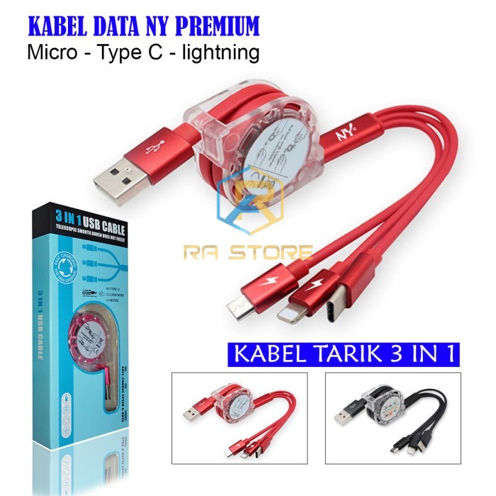 KABEL DATA NY CHARGER PREMIUM KABEL TARIK 3IN1 MICRO TYPE C LIGTNING CABEL CABLE DATA CARGER CASAN CAS CHARGING