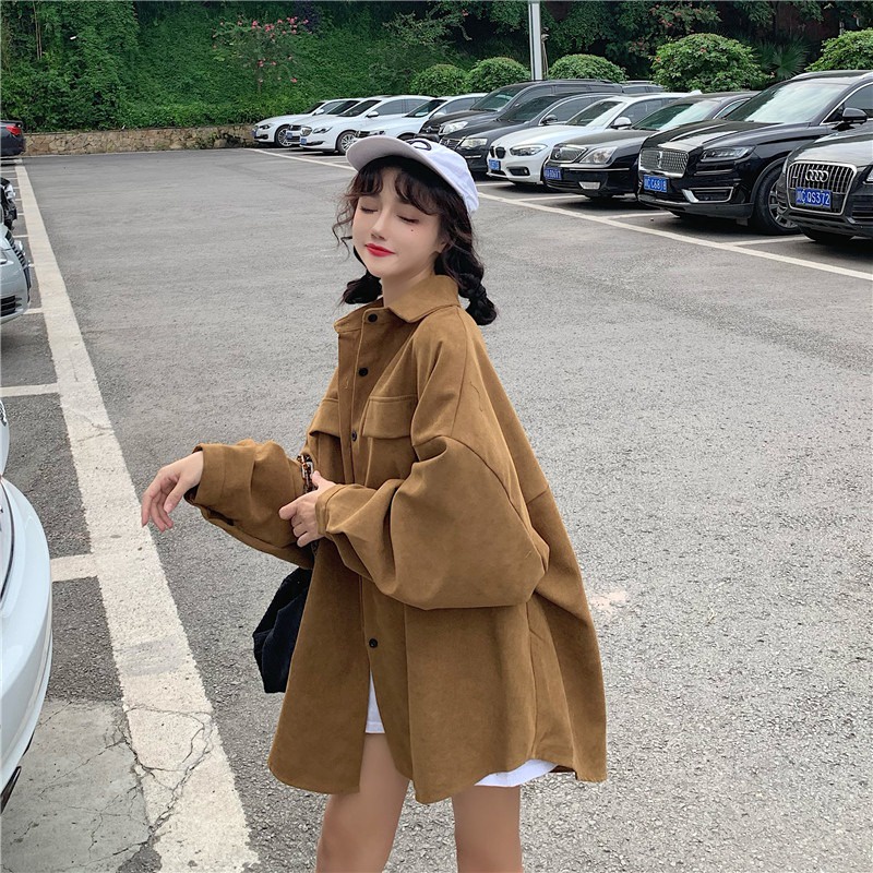 Jaket Longgar Polos Wanita Kemeja Outer Kera lengan Panjang Style Korea