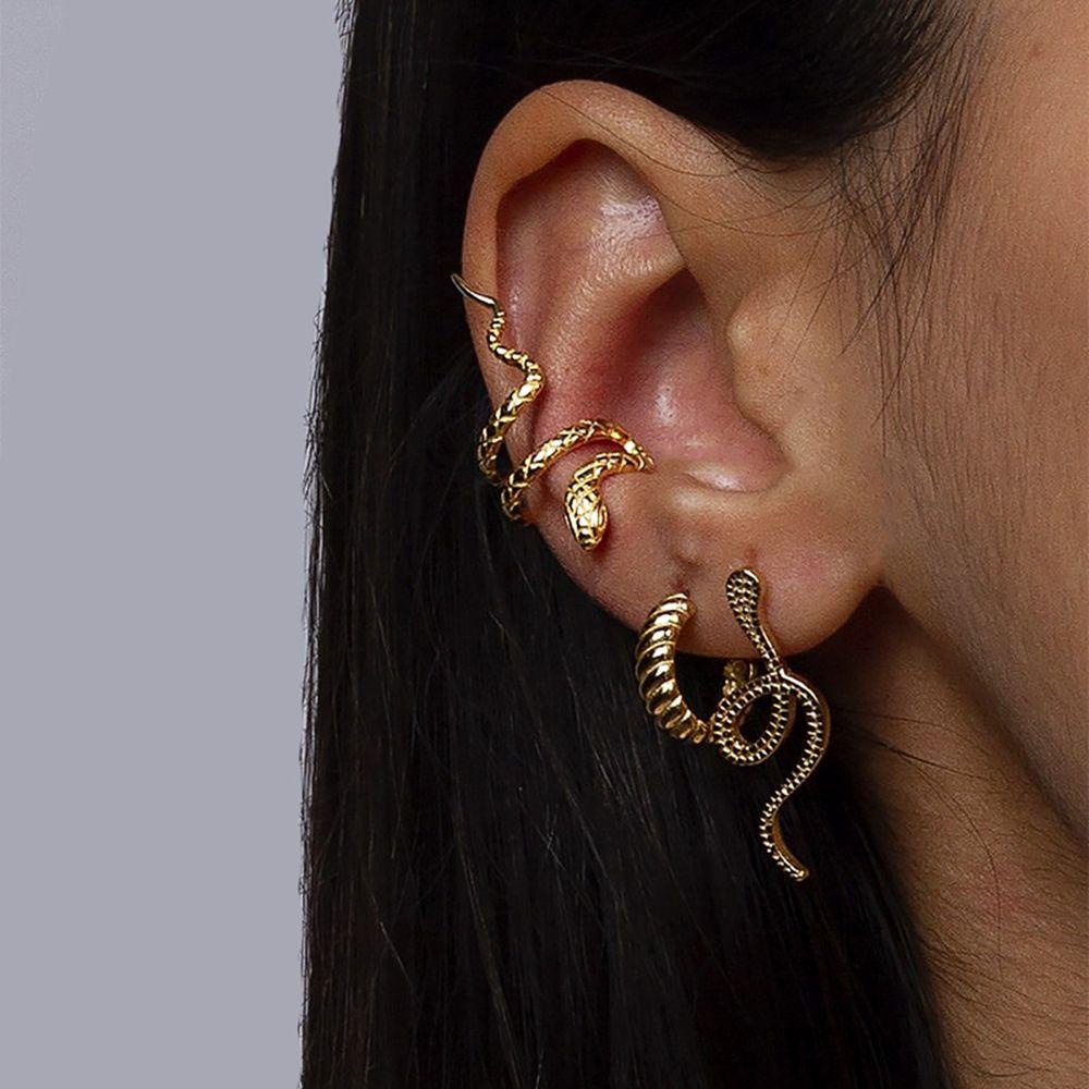 [Elegan] Anting Ular Kepribadian Geometri Sederhana French Snake Earing Clips Alloy Women Stud Earrings Anting Wanita Set