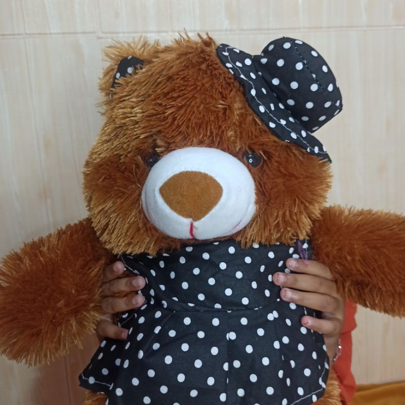 Boneka Teddy bear topi baju polkadot TANGGUNG 60cm