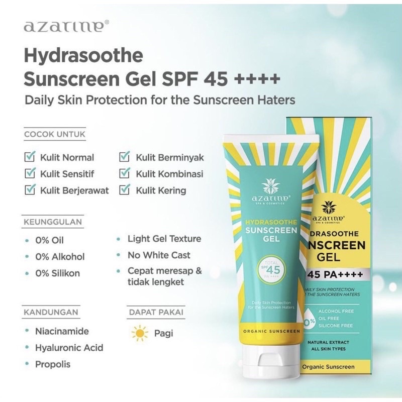 Azarine  Sunscreen Hydrasoothe Gel SP 45 PA++ Aqua Sun Shield Serum SP 50 PA++