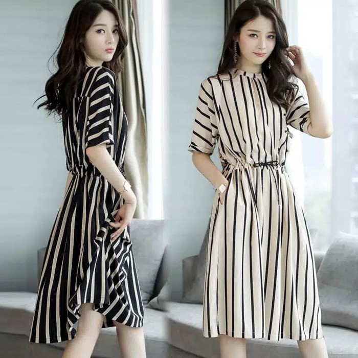 TBI Baju Wanita Midi Dress Import Model Pullover Stripe Corak Salur Korea Dress Korean Dress Style