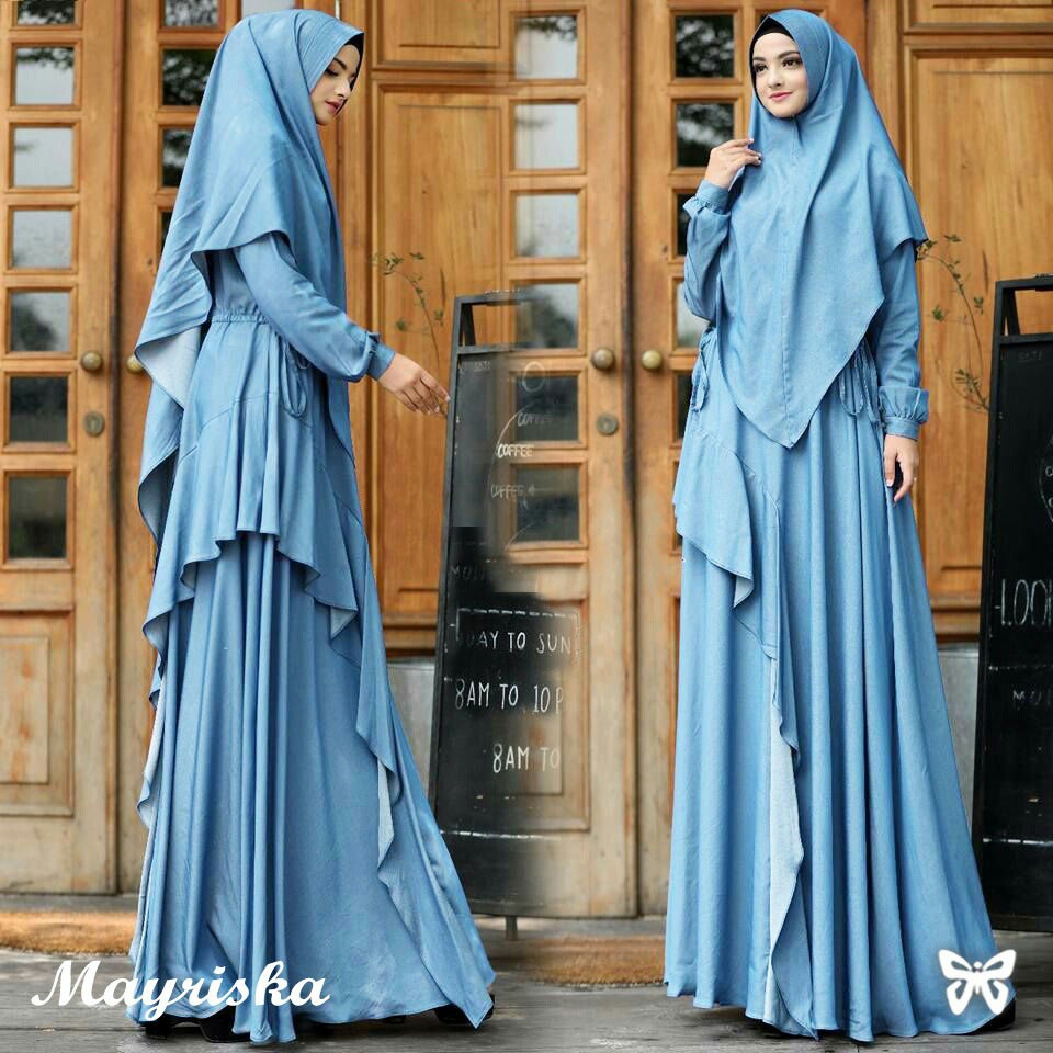 HOPYLOVY - Gamis Syari Muslim Mayrsika + Bergo bahan Denim