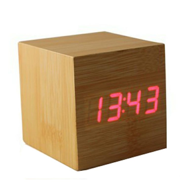 Wooden Digital Alarm Clock LED Light Multifunctional Modern Cube W001