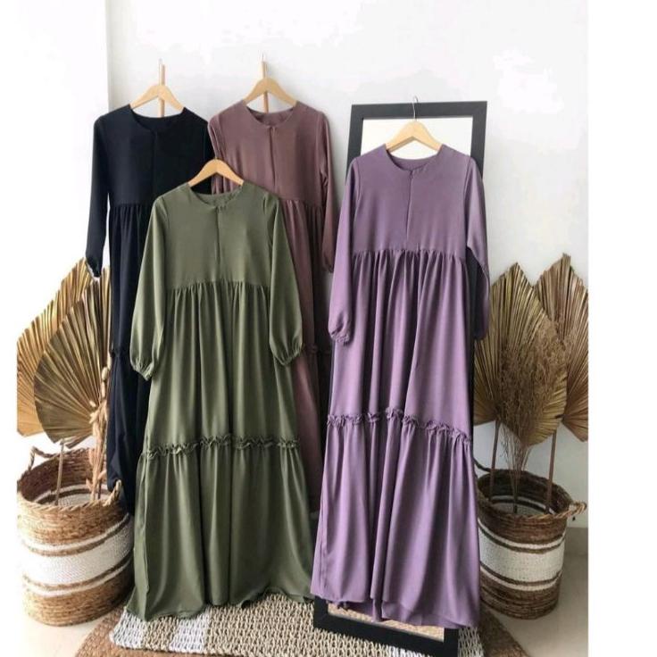 Gamis Polos Remaja Dewasa M L XL Jumbo Premium Murah Rempel Busui Friendly Hitam Milo Lilac Army ▪ B