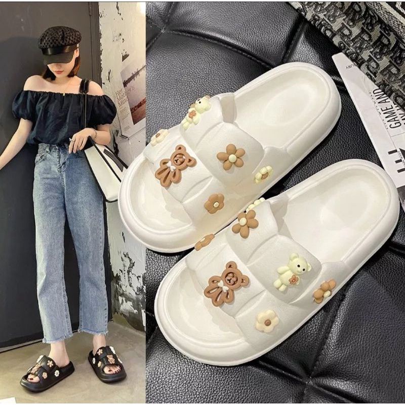 Sandal Selop Jelly Wanita Rubber Selop Miniso Teddy Bear pita 6608