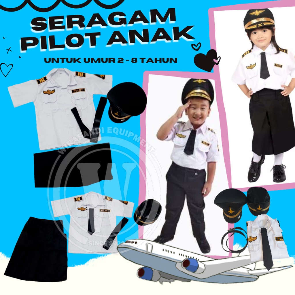 Baju PILOT anak laki laki/perempuan seragam kostum profesi anak PAKET KOMPLIT termurah