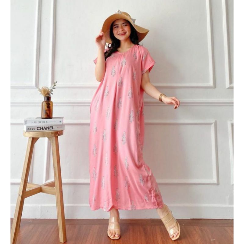 daster long semata kaki, daster panjang viral kekinian, daster rayon busui terlaris-Long Kaktus pink