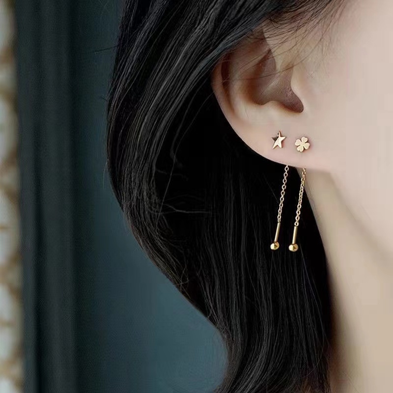 Anting Stud Rumbai Bahan Titanium Steel Anti Alergi Warna Emas Gaya Korea Untuk Wanita