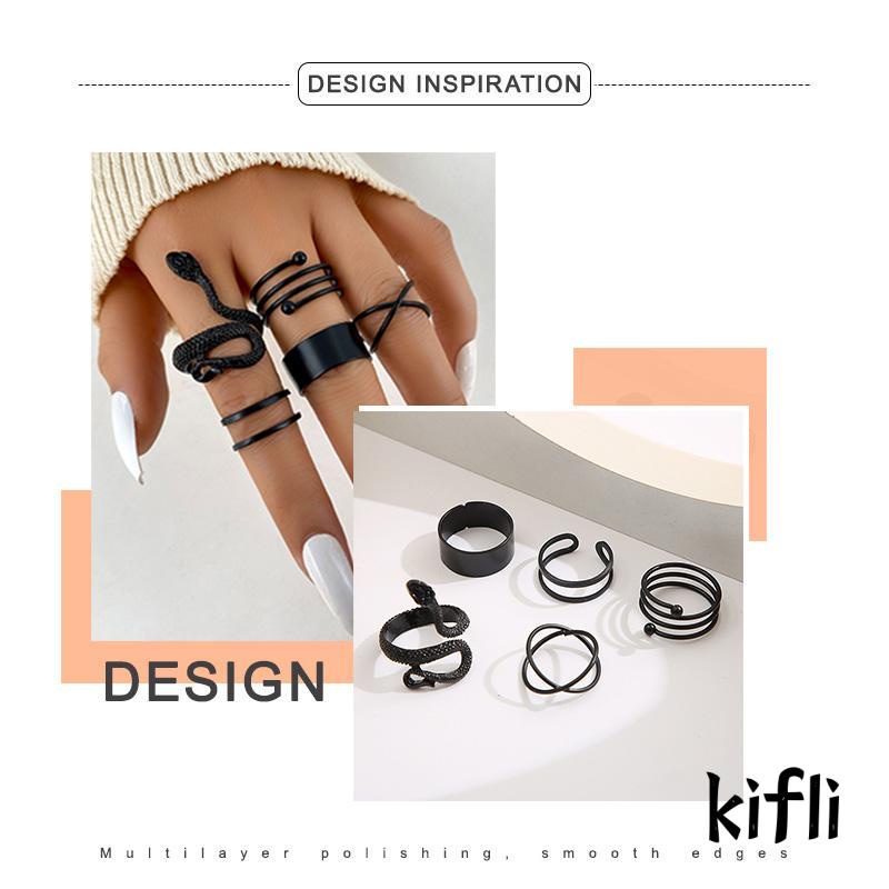 5pcs Cincin Model Terbuka Desain Ular Geometri Warna Hitam Untuk Wanita