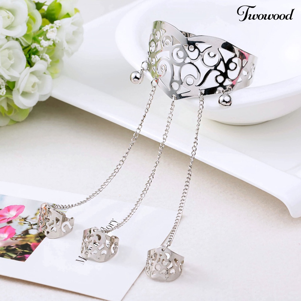 Twowood Multilayer Tassel Bell Hand Harness Bracelet Hollow Engraved Pattern Adjustable Bangle Finger Chain Jewelry Accessories