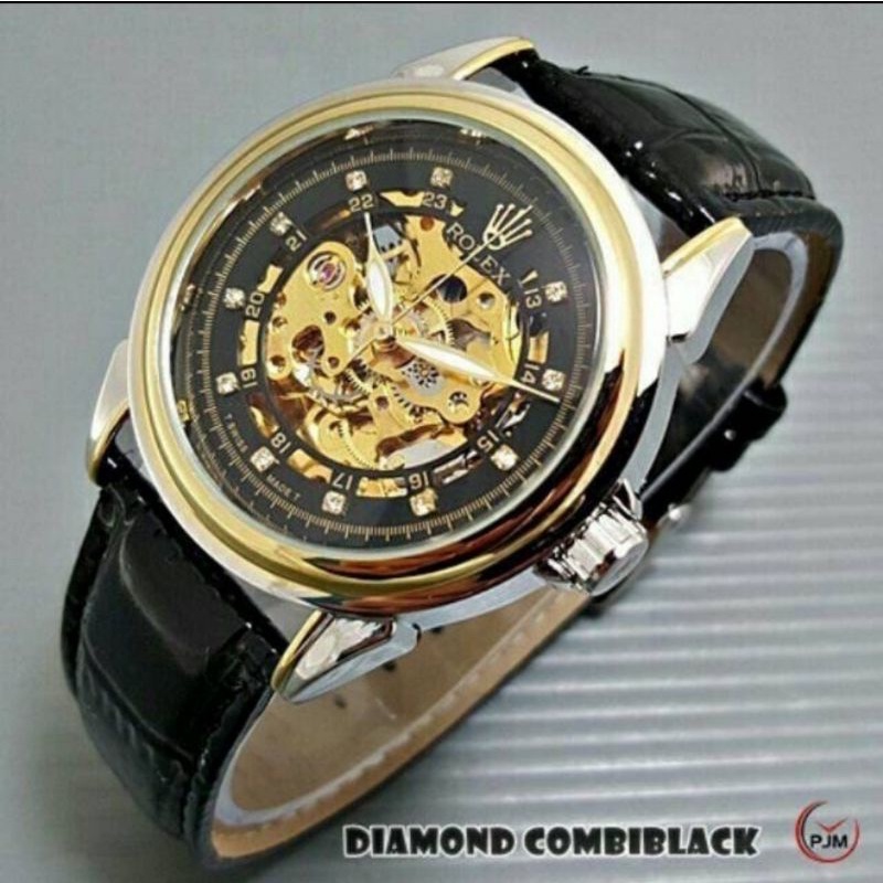 Jam Tangan Wanita Unisex Rolex Diamond Leather Strap Automatic Mesin Transparan Free Bok