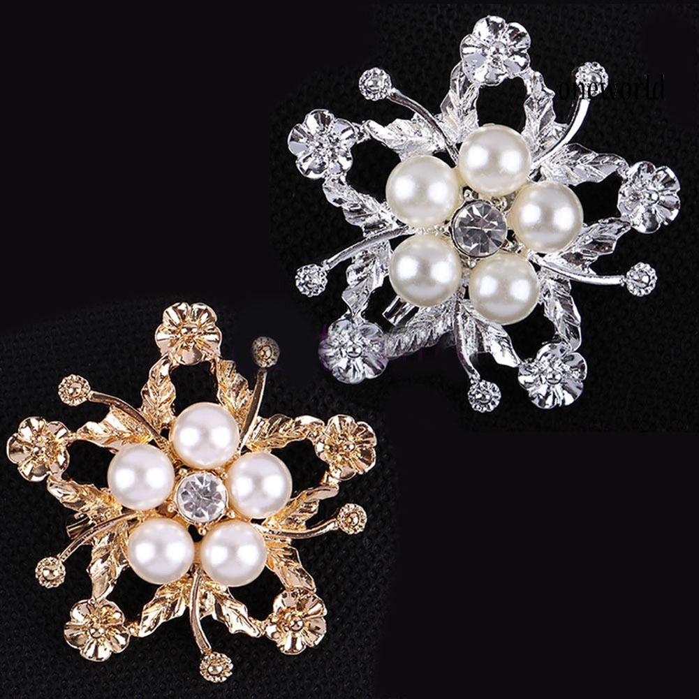 OW@ Rhinestone Faux Pearl Flower Broach Brooch Pin Bouquet Wedding Bridal Jewelry