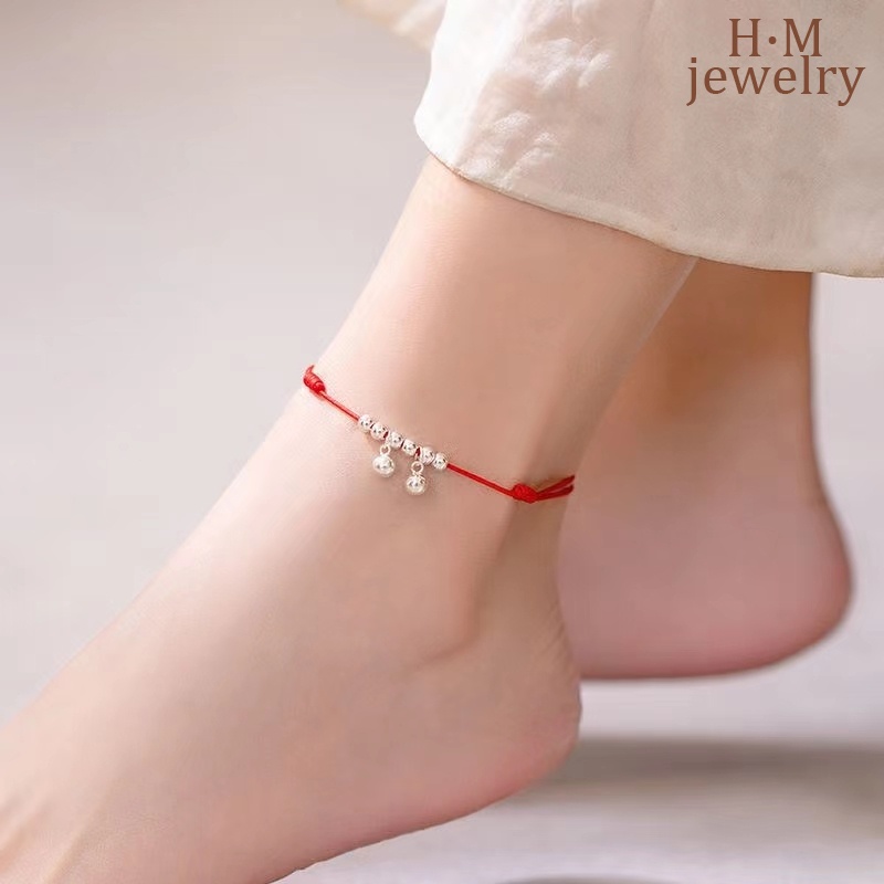 Gelang Kaki Tali Kepang Warna Merah Aksen Lonceng Silver Gaya Kuno