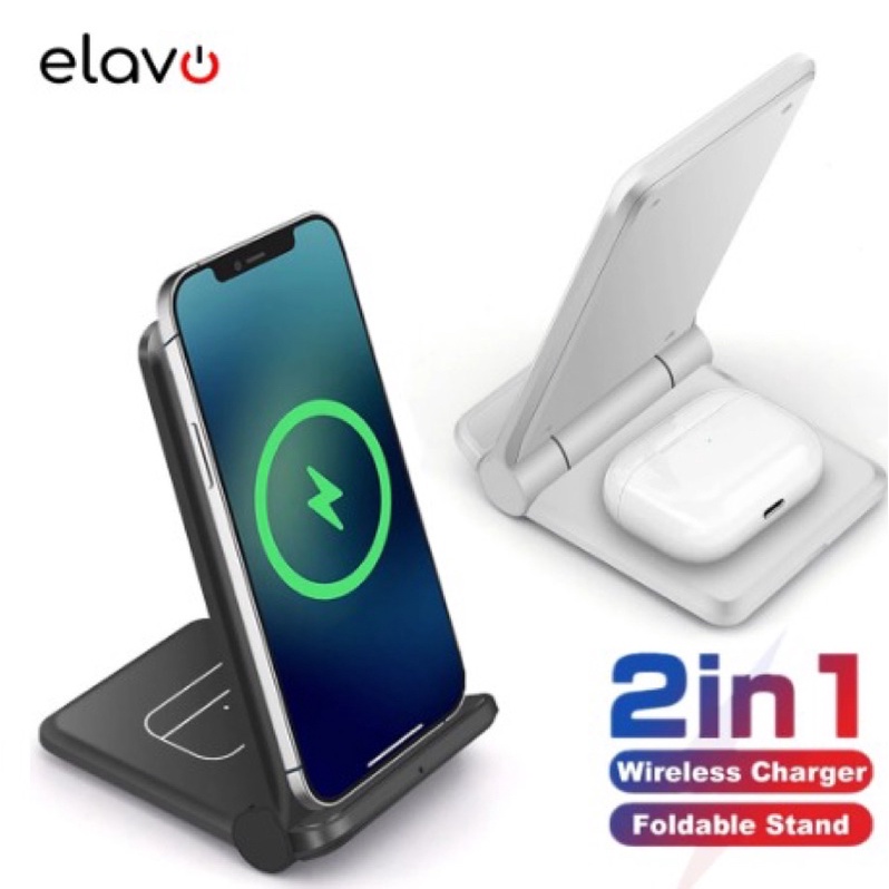 ELAVO 2in1 Charger Dock FOLDABLE lipat Hp Airpods earbuds Samsung notes S21 flip s7 edge wireless charging Iphone 8 X XR XS 11 12 13 Pro max Original