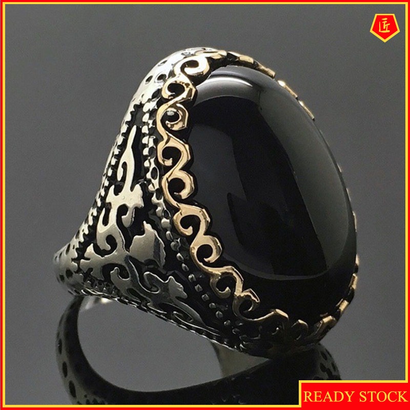 [Ready Stock]925 Silver Black Agate Ring Female Simple Personality Elegant