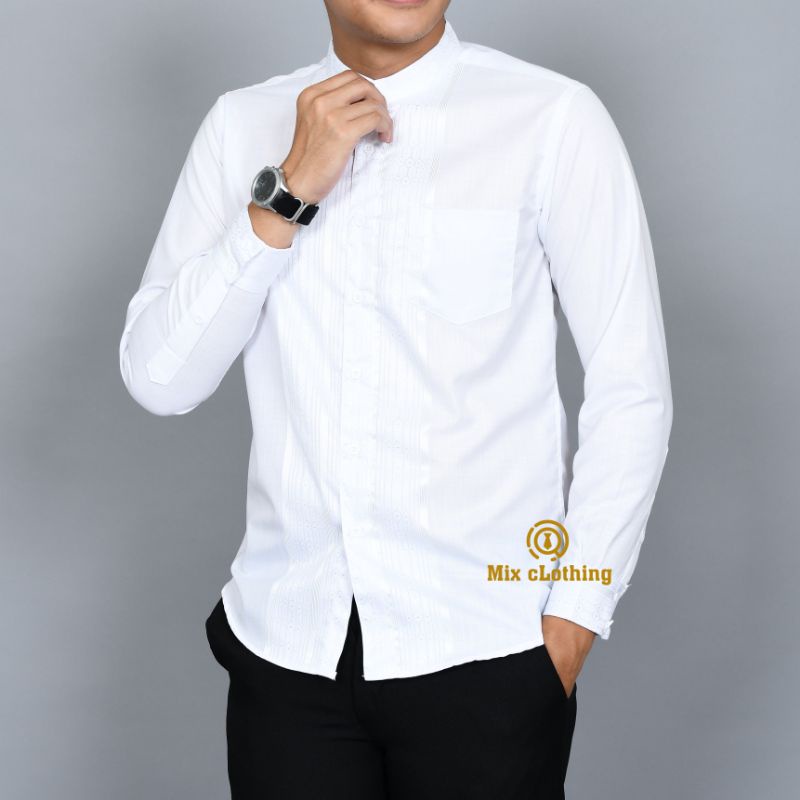 Baju Koko Muslim Pria | Kemeja Koko Pria SlimFit | Koko Dewasa Lengan Panjang Putih Premium Mutiara 1