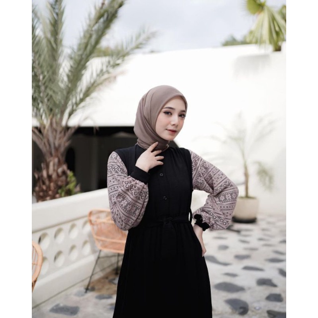 Baju Gamis Wanita Simple Elegan Terbaru Gamis Zaskia Bahan Katun Crengcle Airflow Mix Brukat