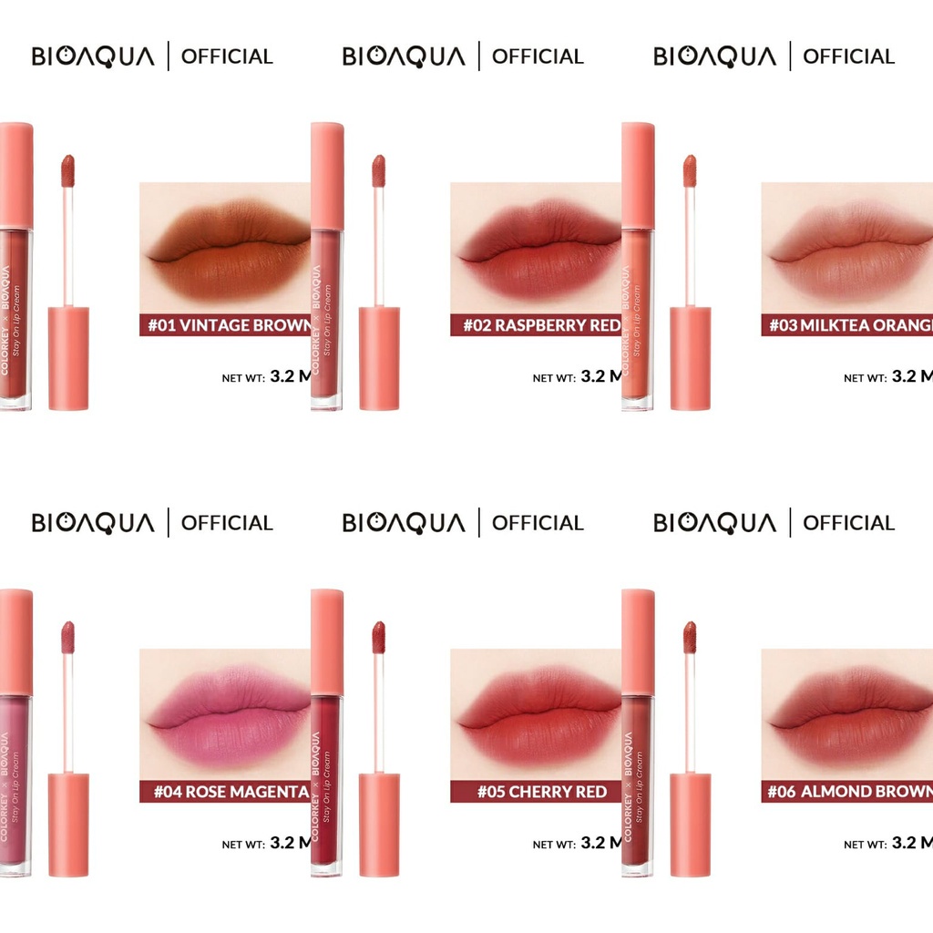 Colorkey X Bioaqua Stay On Lip Cream Matte 6 Colors Lipstick / Lipstik Matte Lipstik Tahan Lama dan Anti Air Hingga 24 Jam / BS