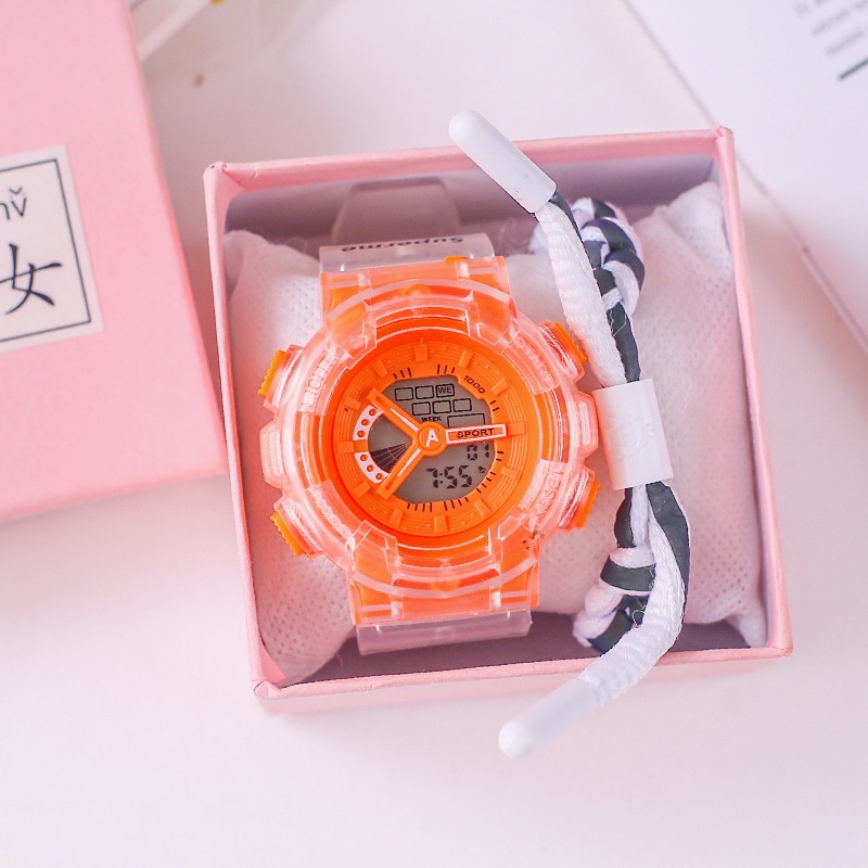 Jam Tangan Digital Wanita Dan Pria Strap Rubber Transparan Gaya Korea / Jam Tangan Rubber Transparan-48-8 Orange