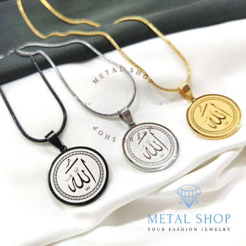 Kalung Titanium Dengan Liontin Lafal Allah Bahan Titanium Anti Karat