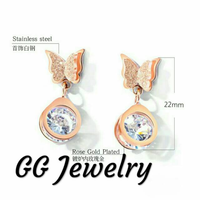 GG Anting Tusuk Berlian kupu kupu Titanium Rose Gold#AT-150