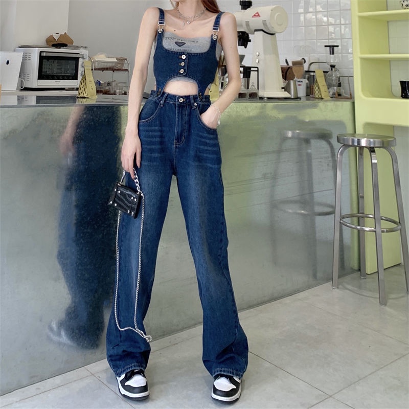 Suhao Celana panjang vintage celana jeans wanita desain musim panas pukulan kecil jumpsuit tinggi lurus celana