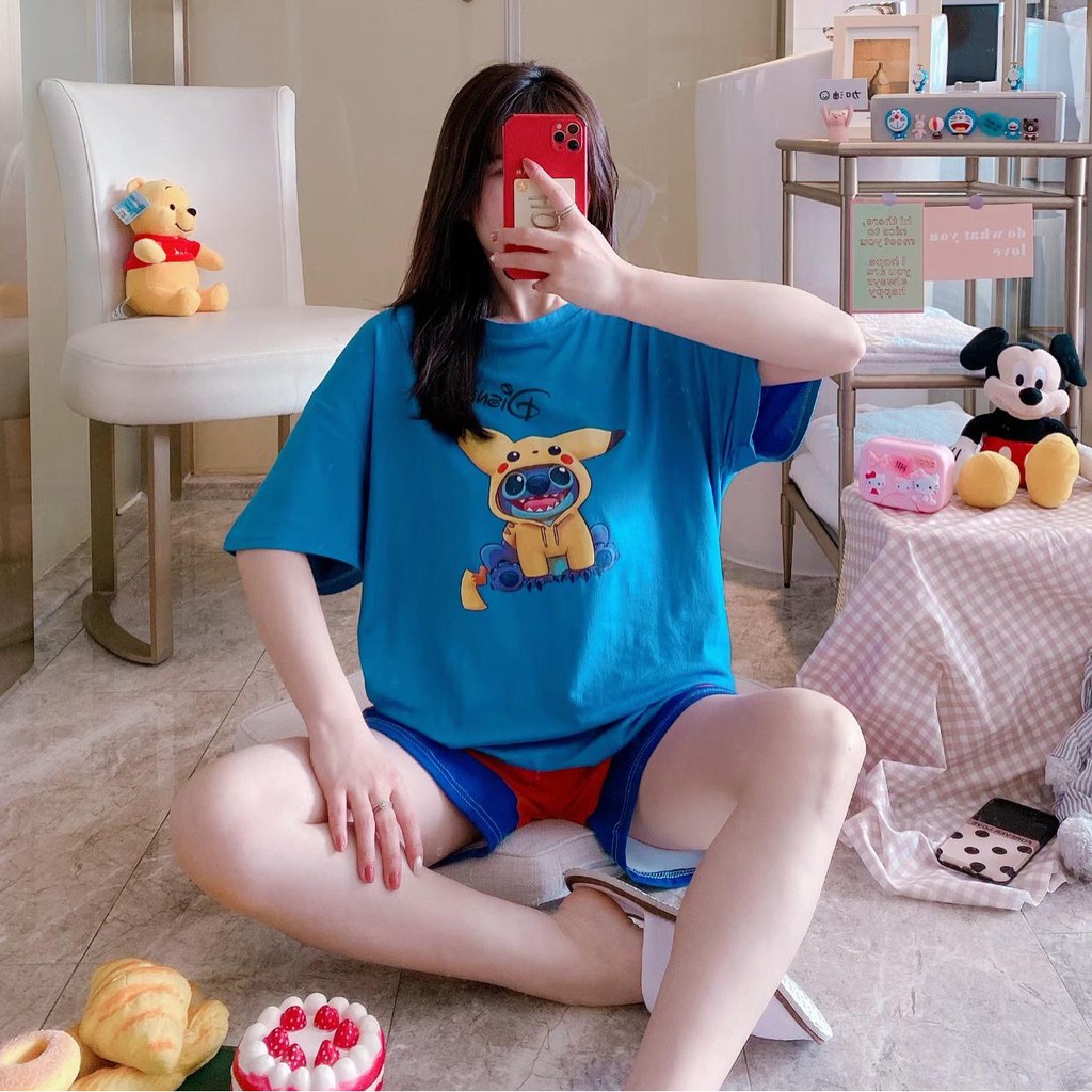 Baju Tidur Piyama Set/Piyama Wanita Import/Baju Piyama Pendek/Short Sleep Wear-J18-Biru Pika