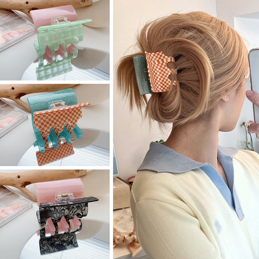 Jepit Rambut Bentuk Geometri Motif Kotak-Kotak Warna Blok