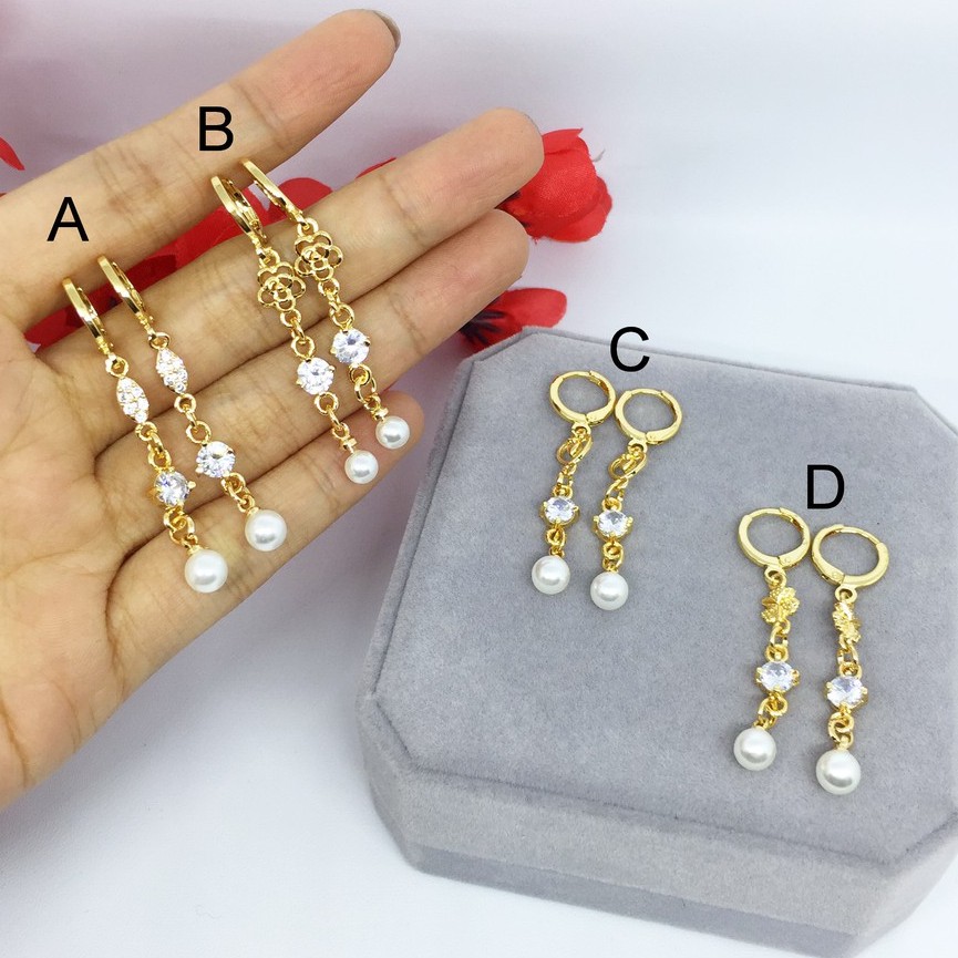 Anting Xuping Panjang Bandul Mutiara Imitasi Perhiasan Lapis Emas - BE328