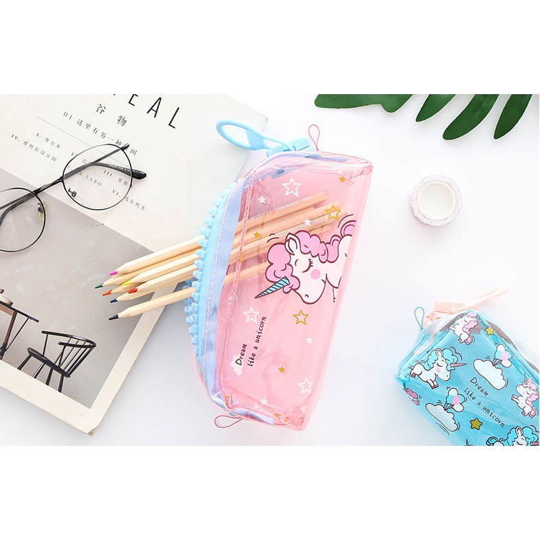 Tempat Pensil Unicorn JUMBO TRANSPARAN / Tempat Alat Tulis Besar Unicorn Tembus Pandang Transparan / Tepak Pensil Kartun Kuda Bertanduk / Wadah Serbaguna Gambar Unicorn