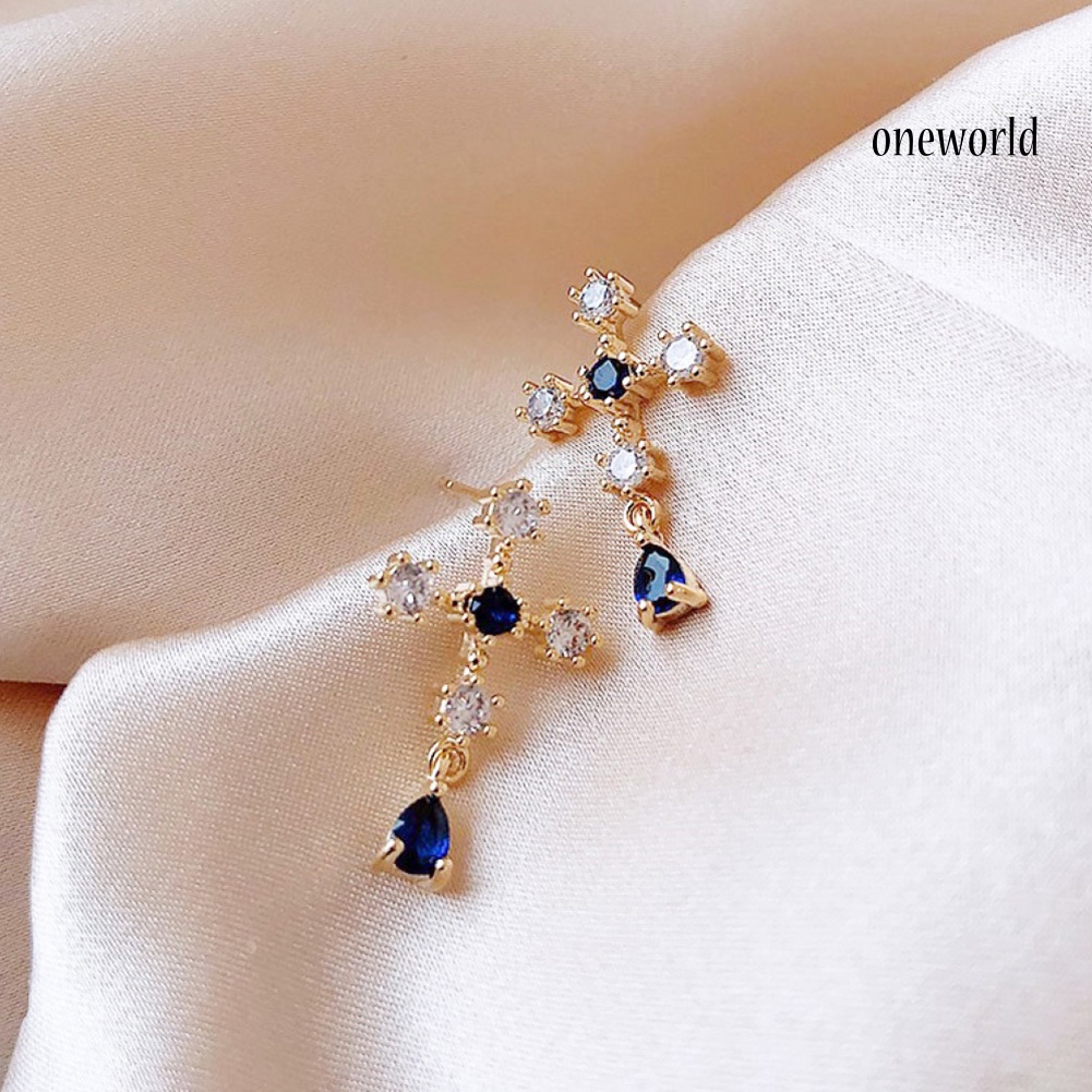 OW# Fashion Women Faux Sapphire Rhinestone Alloy Cross Ear Stud Earrings Jewelry Gift