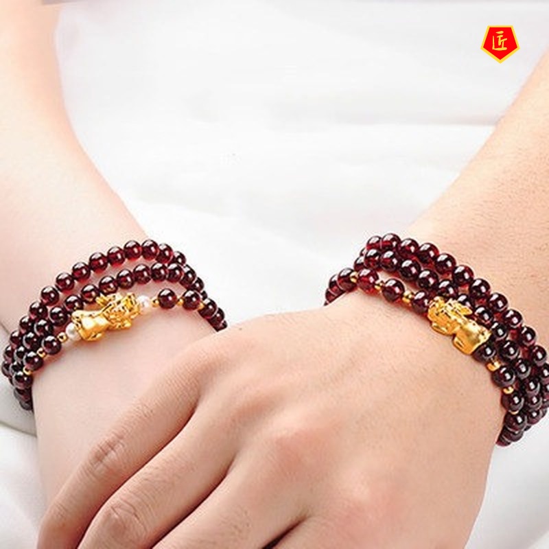 [Ready Stock]Gold Lucky Beads Three-Ring Garnet Bracelet