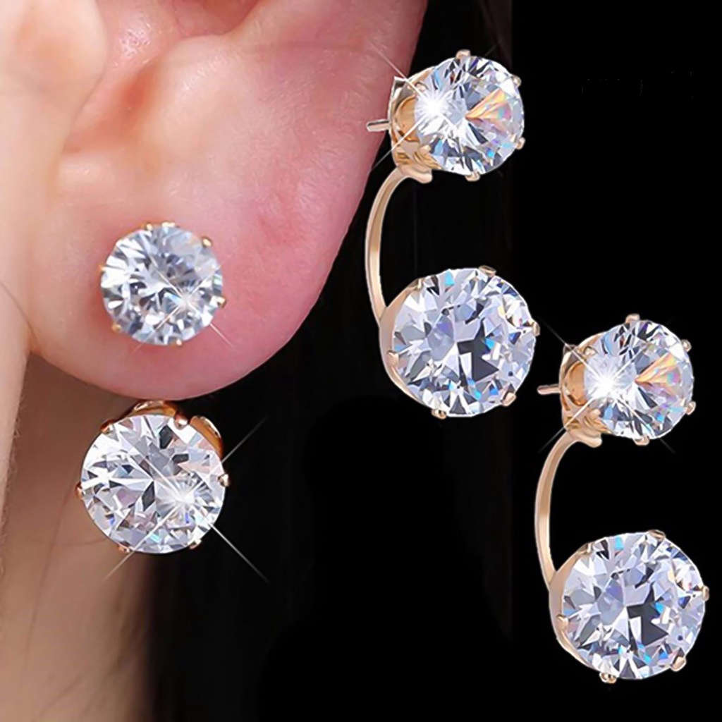 OW@ Ear Studs Double Rhinestones Fashion Drop Alloy Women Ear Jacket Earrings Jewelry for Party