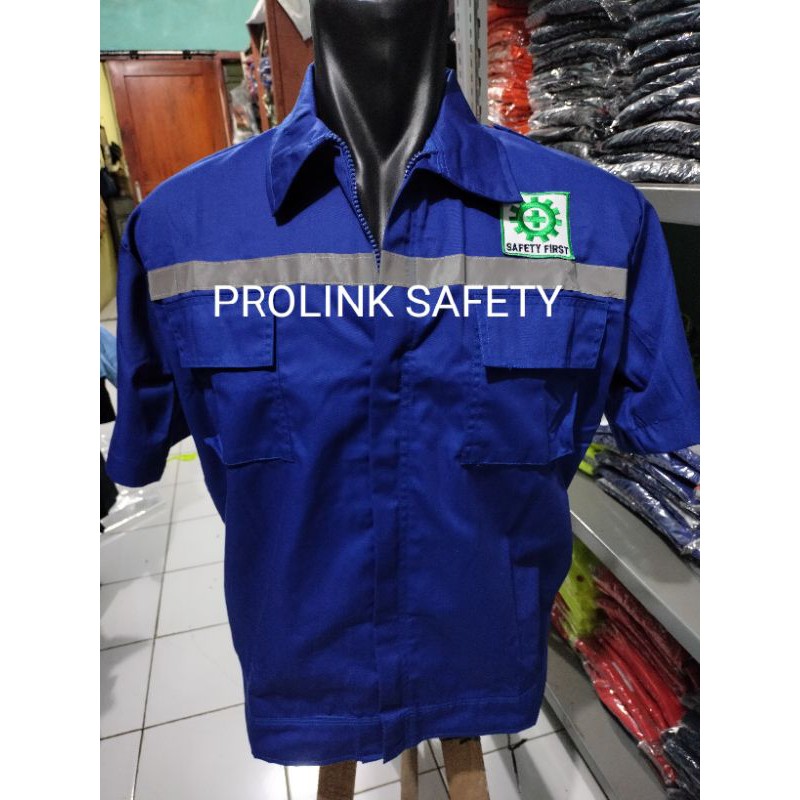 LENGAN PENDEK RESLETING BAJU SAFETY BIRU WEARPACK ATASAN BERLOGO K3 BENDERA