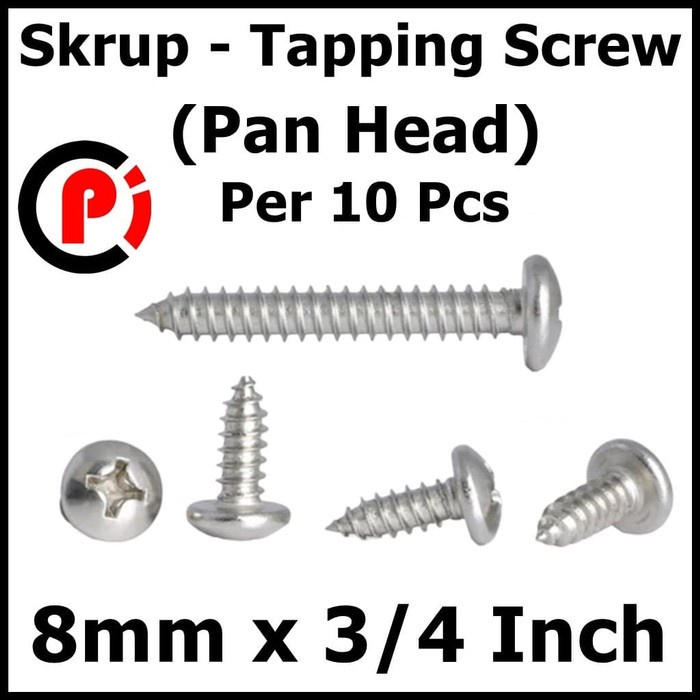 Per 10 Pcs Pan Head TS 8 mm x 3/4 Inch Skrup Tapping Kepala Plus