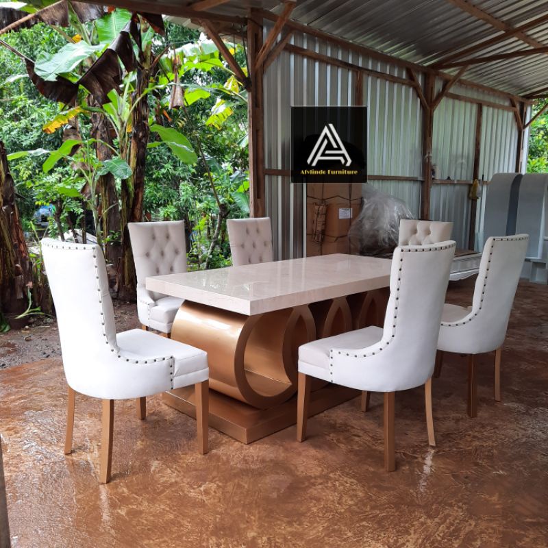 meja makan marmer set 6 kursi kayu mahoni