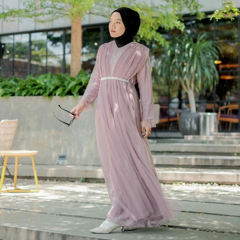 Baju dress gamis gaun maxi pesta lebaran 2026 brukat brokat lace tile renda embroi seragam keluarga 