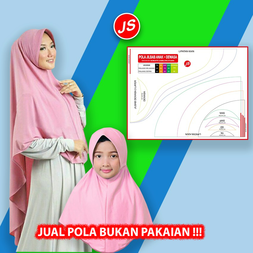 Pola Jiplak Jilbab Anak TK, SD, SMP, SMA dan Dewasa [ Pola Baju Jamblang Studio ]