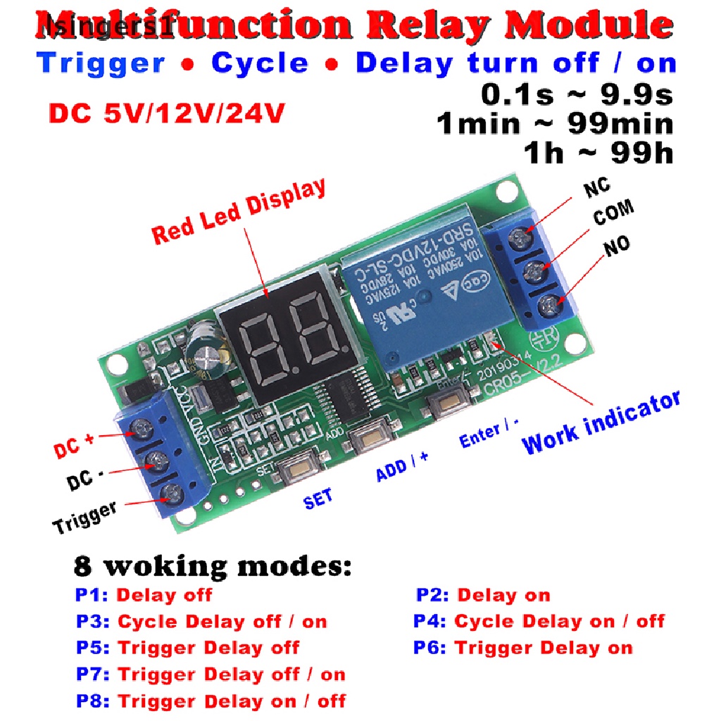 (lsingers1) Modul relay timer delay digital Multifungsi dc5v12v24v