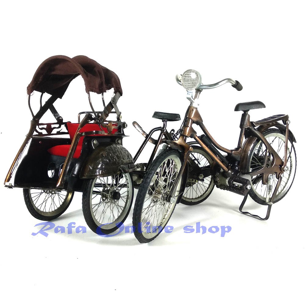 Paket Isi 2 - Miniatur Becak Besi & Miniatur Sepeda Onthel Perempuan