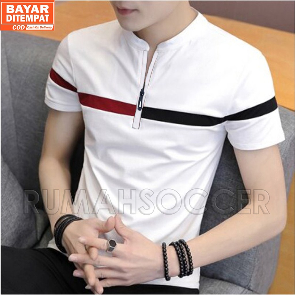 Omega - Polo Shirt Pria Kerah Shanghai Resleting Putih Polos Kombinasi Original Distro Bandung