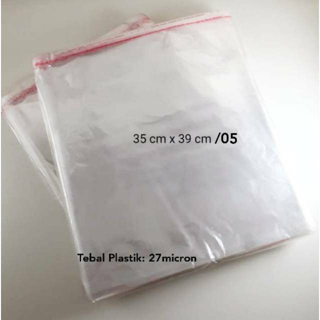 

Plastik Agak Tebal OPP Baju Uk 35 x 39 / 05 ( 100 pcs ) Dengan Tebal Plastik 27 micron