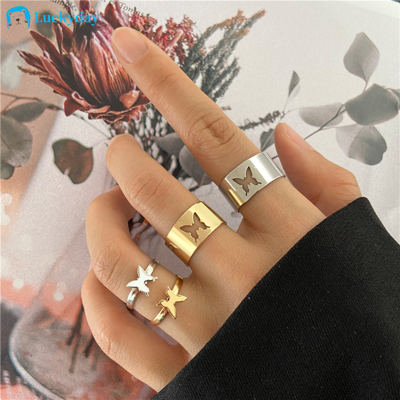 YEEZII Set Cincin Desain Kupu-Kupu Model Hollow Gaya Retro Untuk Pasangan