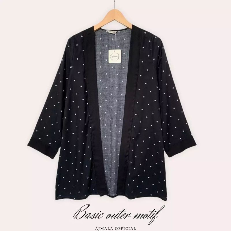 Basic long outer Motif polkadot hitam / cardigan motif / kardigan Ajmala