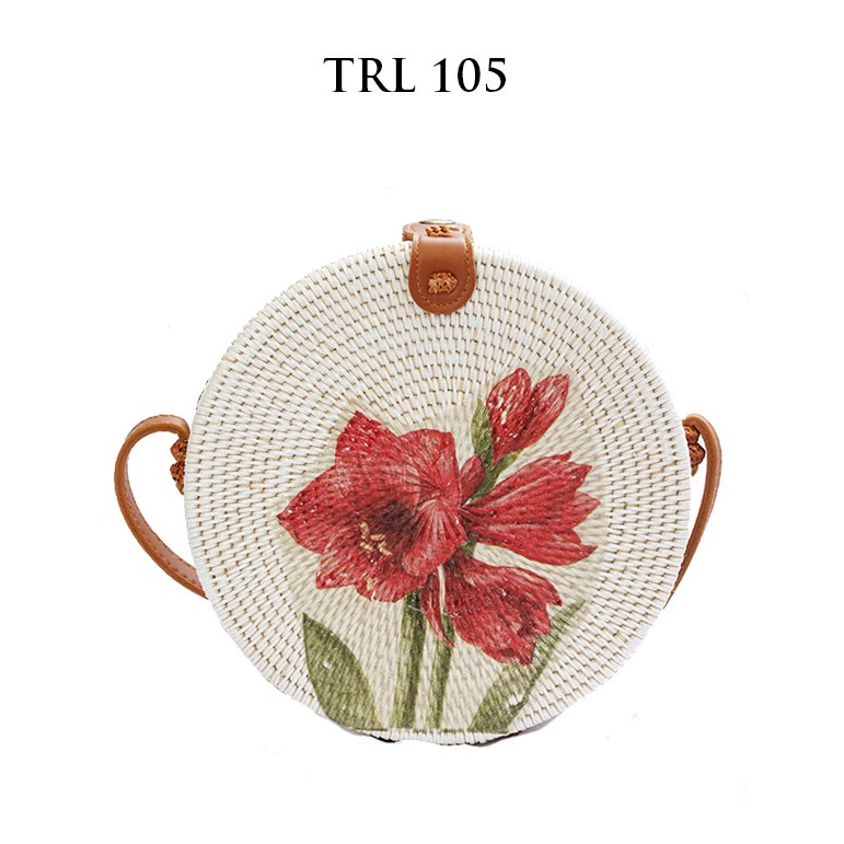 Sweet Honey ~ Grosir Tas Rotan Bulat Selempang Lukis Deco Motif Bunga Tulip Flower TRL105 Diameter 20cm