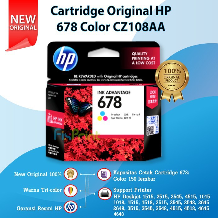 Cartridge HP 678 Tri-Colour Original Catridge color CZ108AA Tinta warna printer 1515 2515 2645 3545