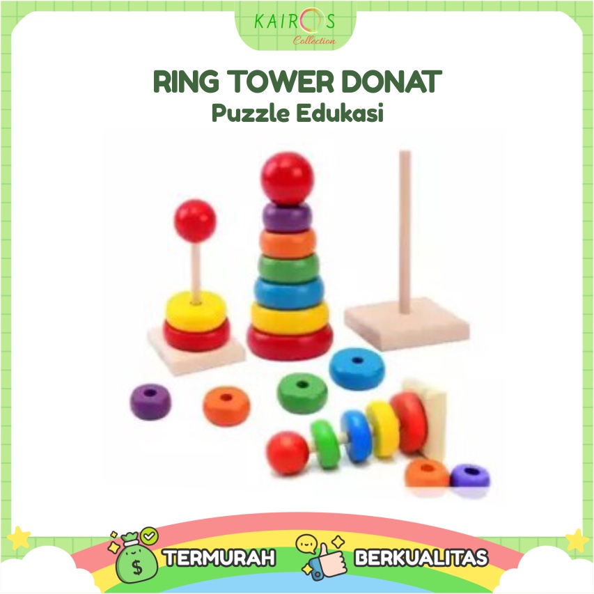 Mainan Anak Ring Donat Kayu Puzzle Kayu Rainbow Tower Menara Pelangi