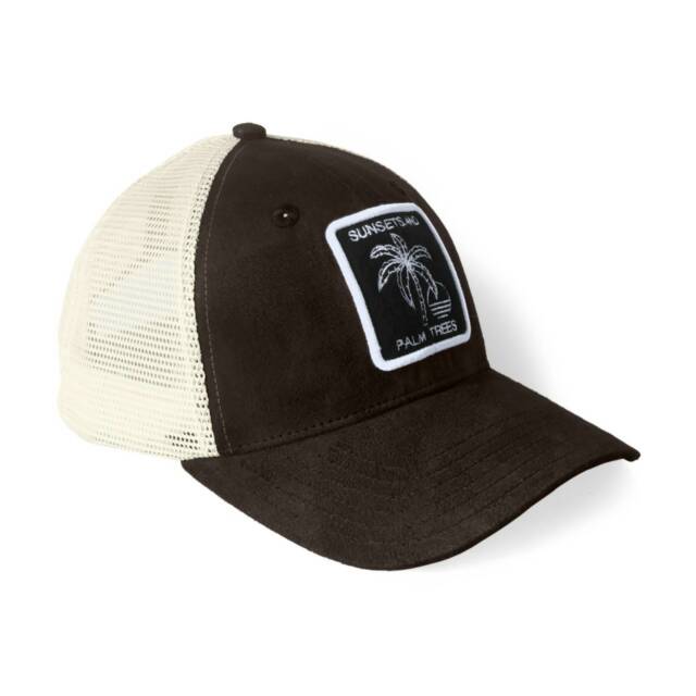 Topi keren 'PALM TREES' Emiratees Suede Trucker Hat (Dark Brown/Soft Cream).